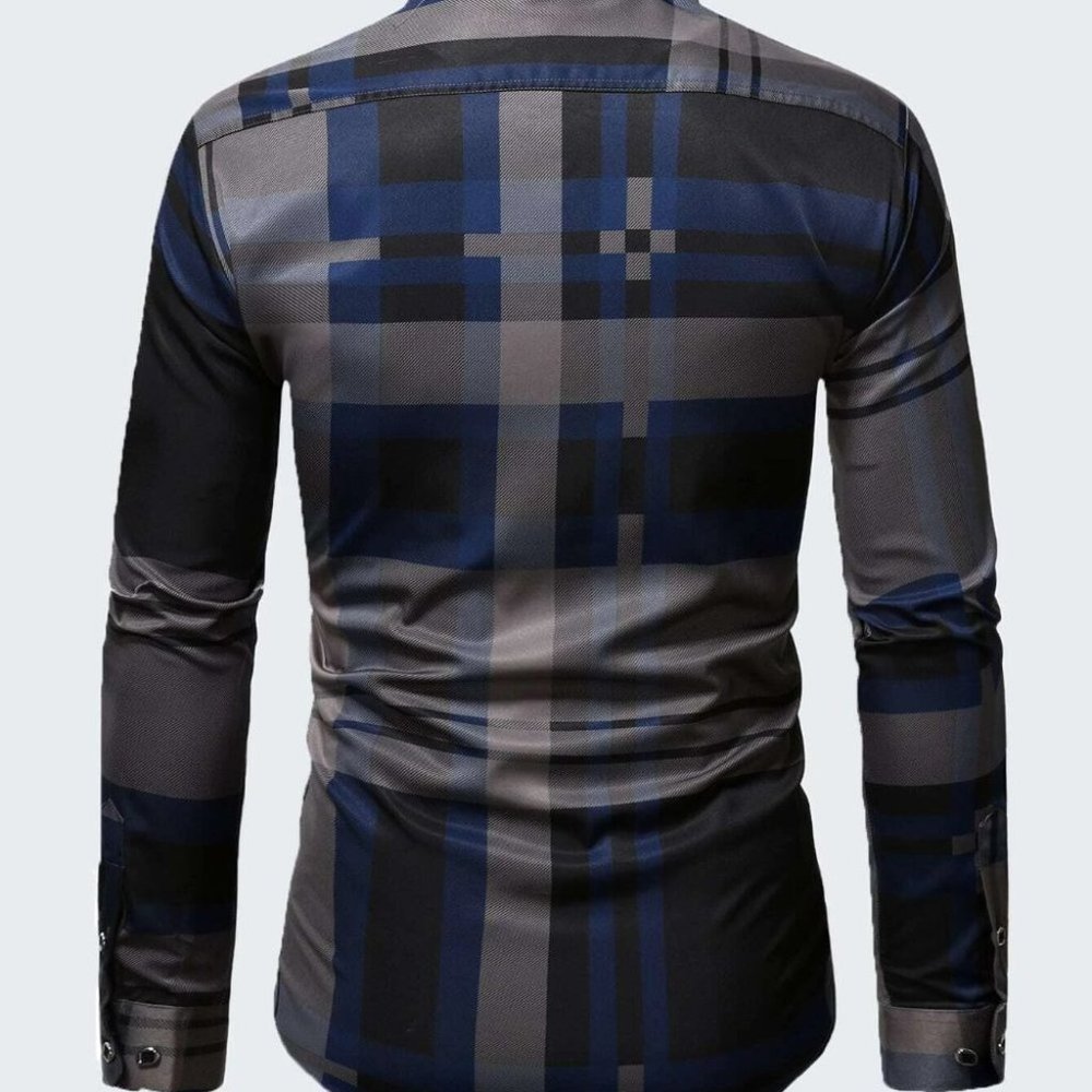 Business Casual Blue Men's Plaid Print Shirt - Picture 4 of 9